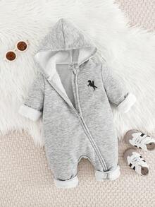 SHEIN Bộ áo liền quần dệt kim giữ nhiệt màu xám cho bé trai, dáng rộng, có mũ, tay dài, in họa tiết, khóa kéo, dễ phối đồ, dày dặn, thích hợp mặc trong nhà và ngoài trời, mùa thu/đông. - Xám - Xem 9