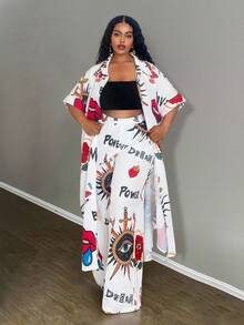 Slaydiva Plus Size Women Linen Printed Long Dress, Printed Linen Shirt, And Linen Pants Set - White - View 7