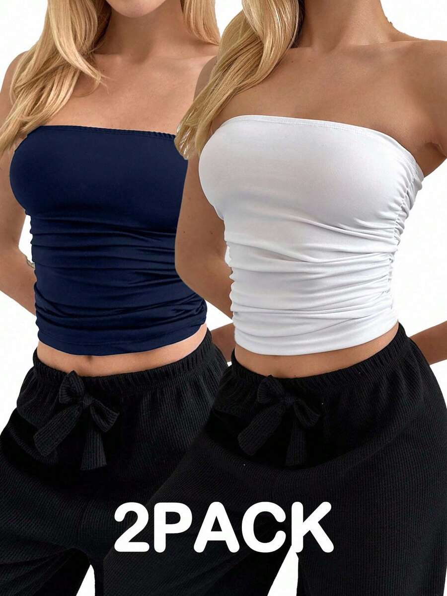 EURMUSE Bộ 2 áo crop top không tay xếp nếp màu trơn cho nữ - Nhiều màu - Xem 1