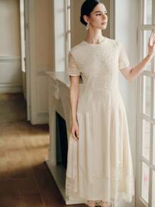 Anewsta 女士优雅度假风格奢华雪纺连衣裙 - 杏色 - 查看 5