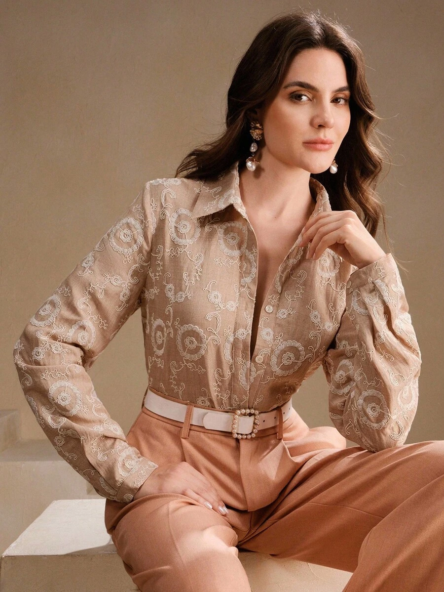Anewsta Women's Vintage Embroidered Casual Blouse, Suitable For Spring/Summer, Beach - Khaki - View 1