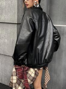 SHEIN ICON Áo khoác da PU cổ kép 2 trong 1 giản dị Áo khoác da đen Áo sơ mi da đen Áo khoác da đen cho nữ Áo sơ mi da cài nút màu đen Áo khoác da giả cho mùa thu/đông - màu đen - Xem 2