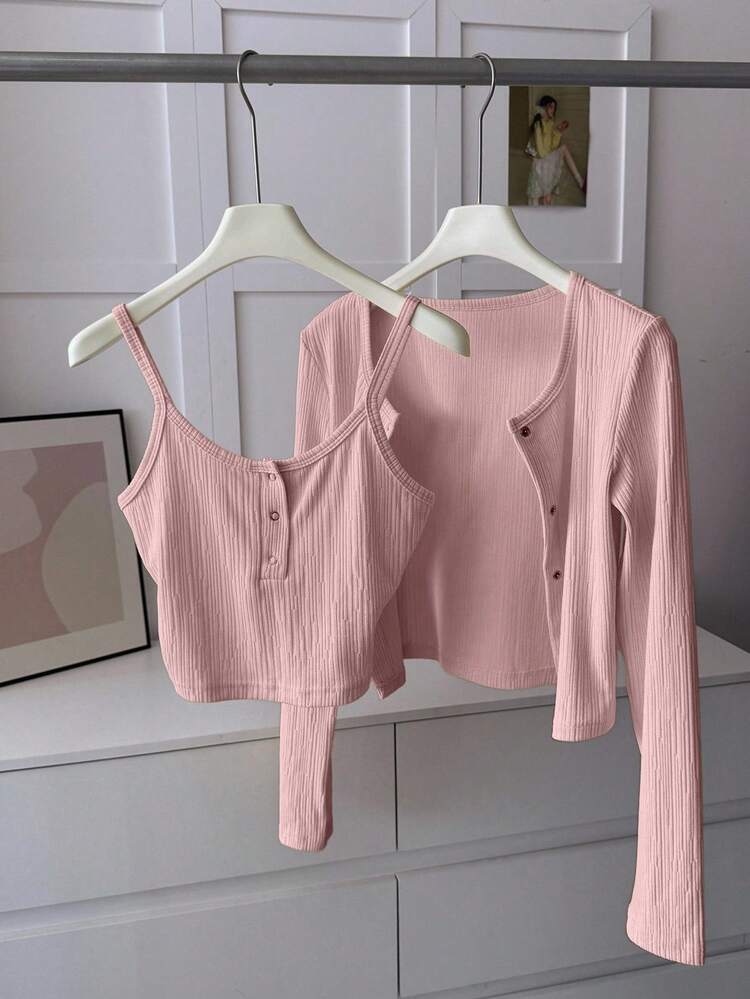 2pcs Women Cream Yellow Pastel Color Camisole & Cardigan T-Shirt Set, Suitable For Autumn & Spring Long Sleeve Top