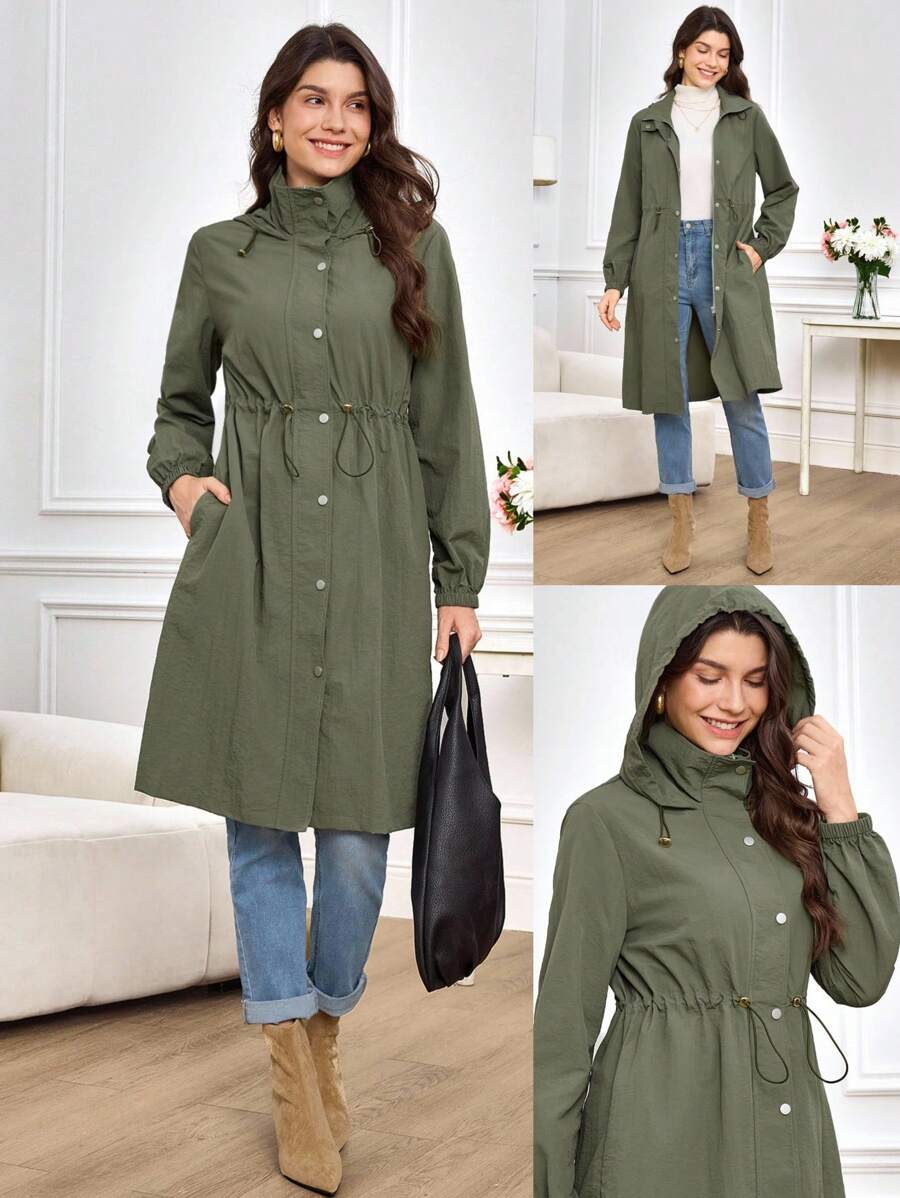 Miaspire Women's Fall And Winter Trench Jacket, With Functional  And  Fabric, Hooded Design, Drawstring Waist, Zipper Cardigan Design, Suitable For Going Out, High Collar  Collar Design, Multiple Design Points Of Side Pockets Long Windbreaker Jacket,Zip Up Hooded For Women - Army Green - View 1
