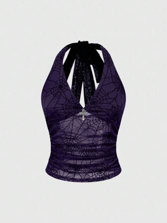 Goth Top aderente da donna con collo ad aletta e motivo floccato a ragnatela gotico
