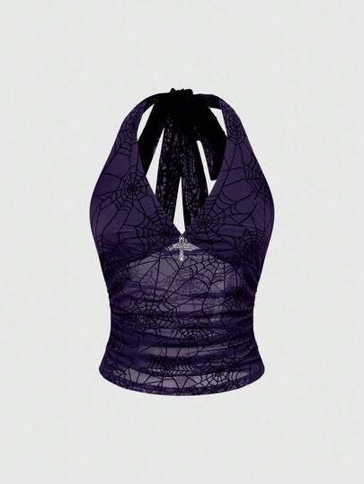 Goth Top halter de cuello sin mangas ajustado con estampado de telaraña gótico para mujeres