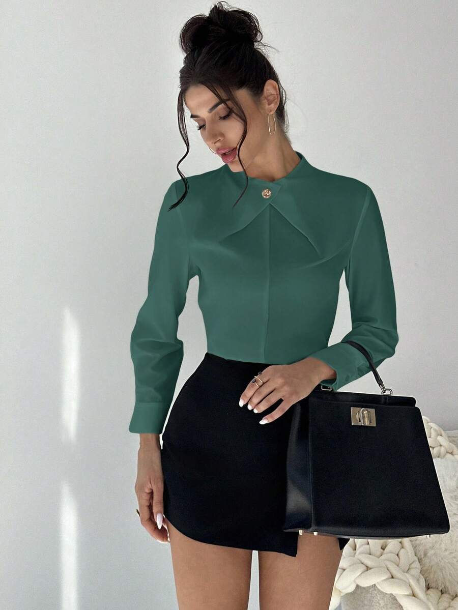 Firerie Camisa ajustada de unicolor elegante y minimalista con decoración de metal en escote en V, adecuada para el uso diario - Azul Cadete - Ver 1