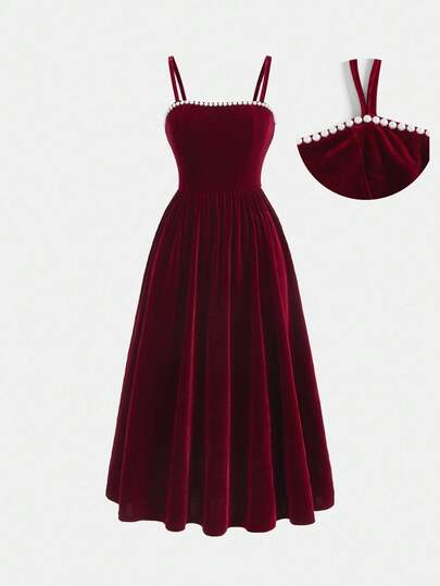 SHEIN Girlism 少女优雅珍珠装饰束腰长裙