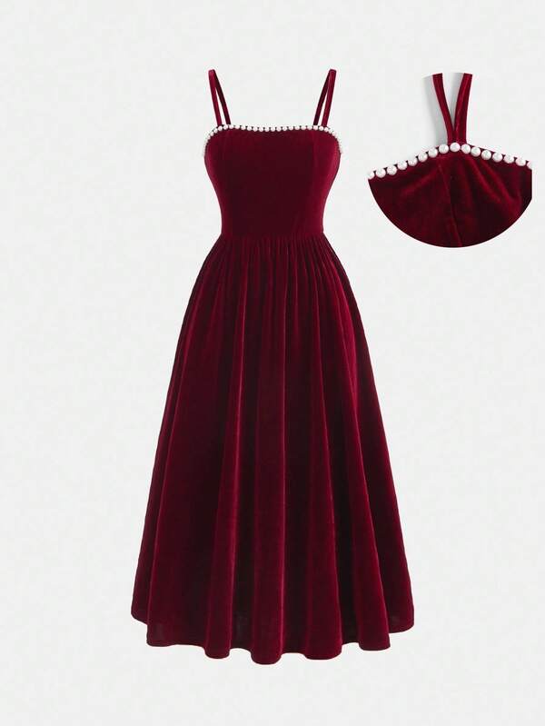 SHEIN Girlism 少女优雅珍珠装饰束腰长裙