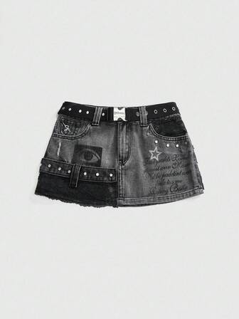 EDITION Y2K Romantic Punk Babe Eye Slogan Print Rivet Decor Vintage Washed Patchwork Lace Contrast Color Super Low Waist Heavy Wash Denim Mini Skirt