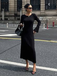 DAZY Abito maglione aderente a maniche lunghe con collo tondo da donna per l'autunno - nero - Visualizzare 5