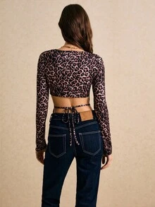Poéselle Camiseta de mujer de moda con estampado de leopardo, parte delantera larga y parte trasera corta, top con estampado de guepardo, top para salir, nuevo año para mujeres, dinero viejo, elegante para mujeres, elegante para mujeres, otoño/invierno - Marrón - Ver 6