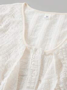 SHEIN Girlism Blusa blanca de manga larga con cuello en V para mujeres, top blanco texturizado, top blanco con nudo delantero, camiseta blanca de manga acampanada con textura para adolescentes