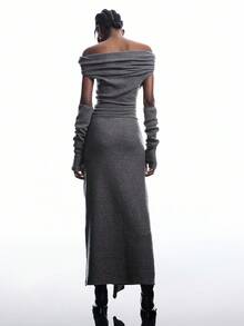 LYSMO 女士优雅纯色不对称领口连衣裙 - 摩卡棕 - 查看 2