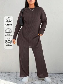 EURMUSE Plus Drop Shoulder Split Hem Tee & Pants - Brown - View 1