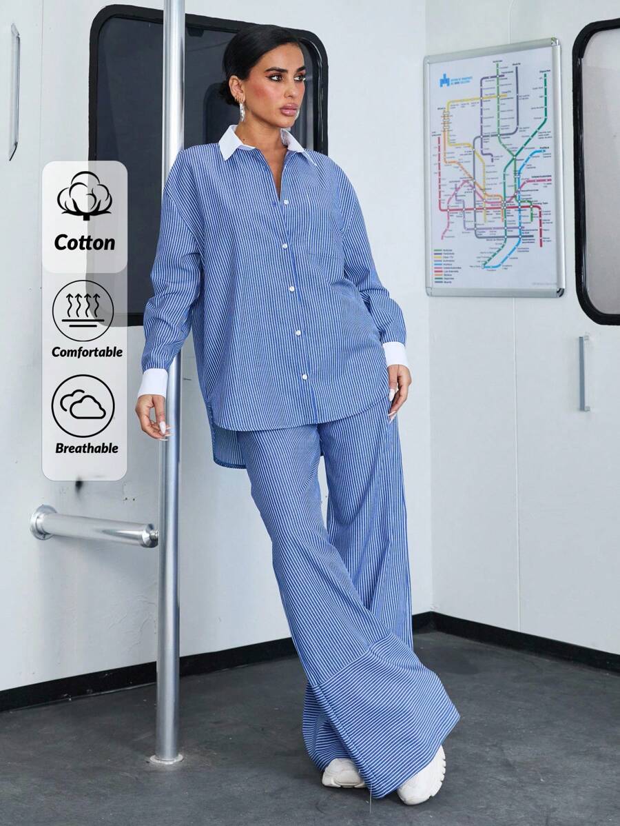 EURMUSE Set di 2 pezzi in lino per donna taglie forti con camicia a righe e pantaloni a gamba larga – outfit chic e senza sforzo - Multicolore - Visualizzare 1