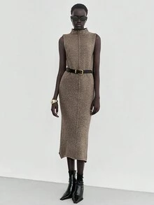 Lumivelle 女士棕色无袖时尚毛衣裙 - 棕色 - 查看 7