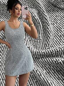 Elenzga New Autumn/Winter French Sparkly Tweed Sleeveless Round Neck Cinched Waist Elegant Dress For Women