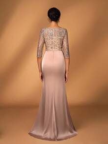 Serin Elegant Luxurious Champagne Embroidered Sequin Lace Satin Sheer Long Sleeve Mermaid Slit Dress, Suitable For Wedding, Party, Vacation, Prom, Evening Gown, Mother Of The Bride, Valentine's Day - Champagne - View 3
