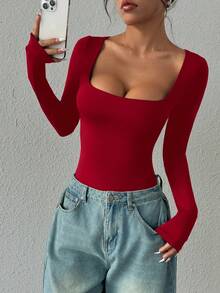 StreetHx 女士长袖紧身衣，棕色，修身剪裁，简约百搭，通勤适用 - 酒紅色 - 查看 4