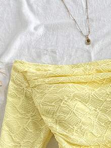 SHEIN 青少年女孩修身休闲简约舒适露肩喇叭袖长袖T恤 - 黃色 - 查看 5