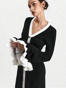 SHEIN Luminelle Váy len tay loe phối màu thanh lịch dành cho người đi làm - màu đen - Xem 7