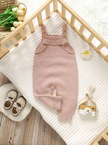 SHEIN 时尚粉色婴儿毛衣连体衣，带荷叶边装饰吊带裤，女童甜美背带裤 - 粉色 - 查看 6