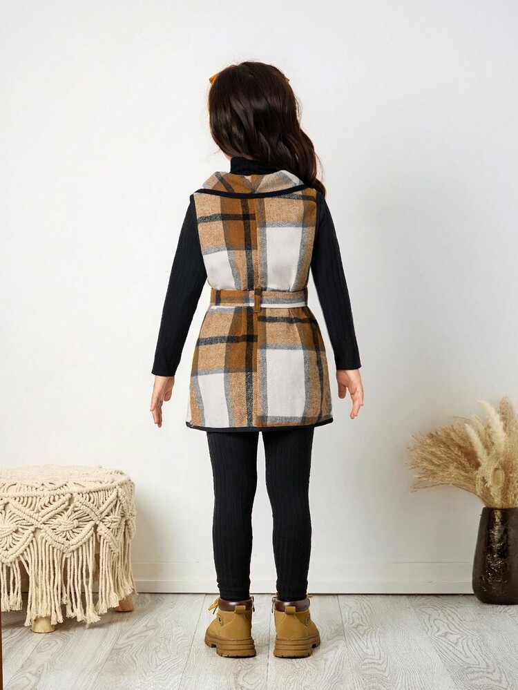 Emery Rose Kids Emery Rose Kids 3pcs/Set Young Girls Urban Fashion Plaid Jacket, Long Sleeve T-Shirt, Pants Set, Suitable For Casual Outings, Parties, Vacations And Other Occasions, Autumn/Winter Toddler Girl  Birthday Girl Mommy And Me Matching   Halloween Back To School Pink Autumn Fall Sister, Halloween Girls Checkered Outfit Girl Fall Winter Clothes Girls Fall Outfit Sets Girls Plaid Set Two Piece Kids Set Plaid Kids Winter Dresses - Khaki - View 5