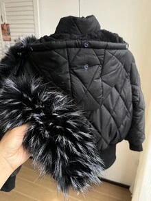 SHEIN Teens' Padded Coat, Hooded With Fur Collar, Diamond Pattern Cuffs And Hem, Suitable For Play And Back To School, Winter Fall