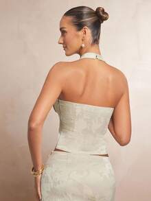 L'Amorae Women's Fitted Jacquard Halter Neck Top With Bowtie Detail In Butter Yellow - Apricot - View 2