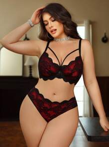 SHEIN Seduluxe 2pcs Plus Size Lace Patchwork Underwire Bra Set Custom Lingerie Set Lace Lingerie Set Red And Black Lingerie Set Bras For Women, Lift
