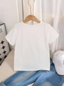 SHEIN 男童圓領字母印花短袖T恤，夏季款