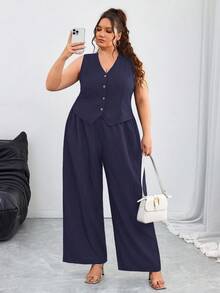 SHEIN CURVE+ Bộ vest + quần dài/áo phông họa tiết cho kỳ nghỉ thường ngày cỡ lớn, mùa tốt nghiệp, trở lại trường - Màu xanh hải quân - Xem 1