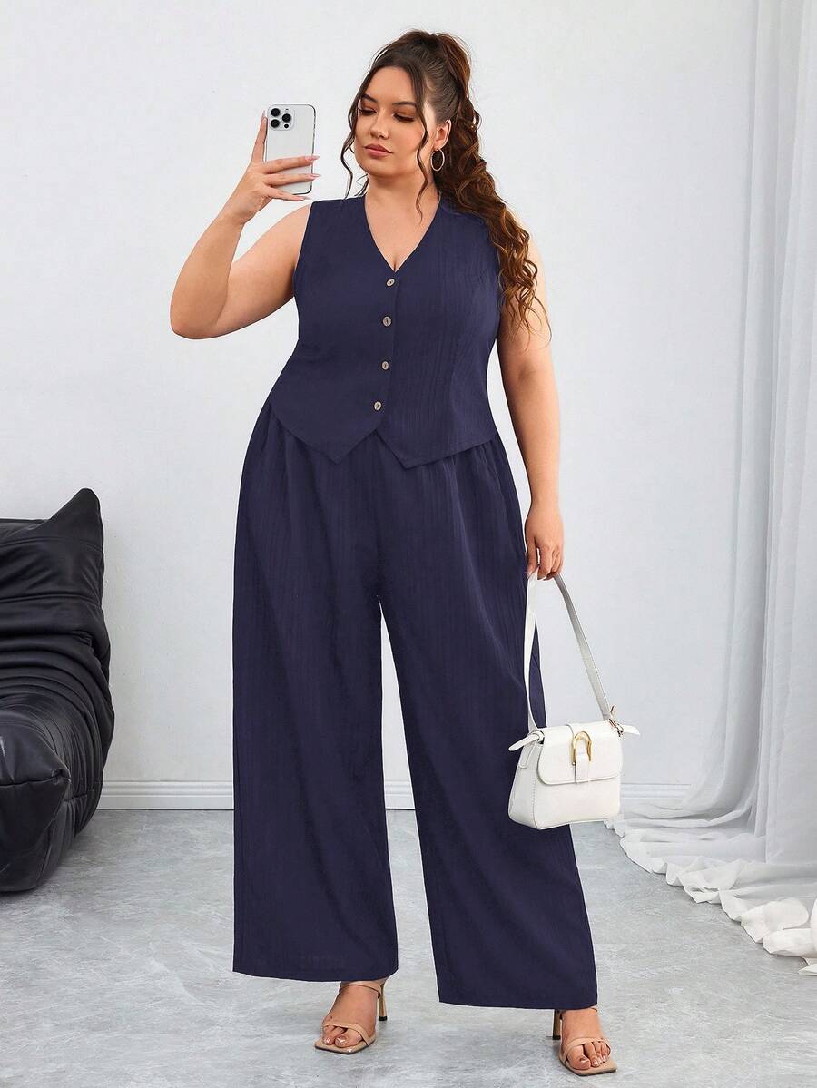SHEIN CURVE+ Bộ vest + quần dài/áo phông họa tiết cho kỳ nghỉ thường ngày cỡ lớn, mùa tốt nghiệp, trở lại trường - Màu xanh hải quân - Xem 1
