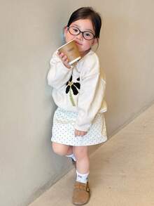 DAZY 女童圆领拼色花卉印花长袖毛衣，秋冬款 - 白色 - 查看 3