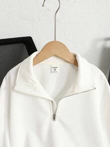 SHEIN Sudadera gris jaspeada de cuello alto y media cremallera, estilo básico informal para niña preadolescente - Blanco - Ver 5