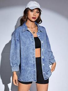 SHEIN ICON 女式休闲宽松落肩长袖单排扣牛仔衬衫，秋季 - 中等水洗藍 - 查看 3