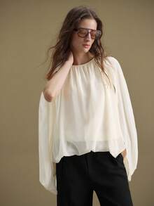 Ontre Women's Elegant Autumn Chiffon Top,Off-White Tea Party Ruched Drape Poncho Design,Western Bohemian Vintage Business Casual Versatile Wedding Guest - Yellow - View 4
