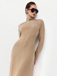 Lumivelle Vestido ajustado de cuello alto y unicolor con diseño en los hombros para mujer - Caqui - Ver 7