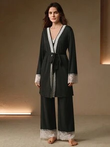 Anewsta 3件套优雅蕾丝拼接女士睡衣套装，适合假日和冬季穿着 - 黑色 - 查看 6