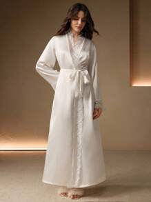 Anewsta Sexy Contrast Lace Long Robe, Women's Sleepwear, Valentine's Day Luxe Loungewear, Vacation, Winter - White - View 1