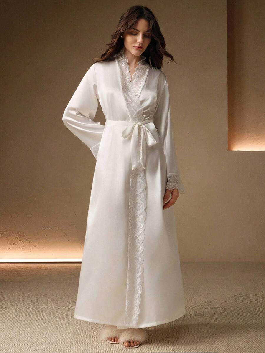 Anewsta Sexy Contrast Lace Long Robe, Women's Sleepwear, Valentine's Day Luxe Loungewear, Vacation, Winter - White - View 1