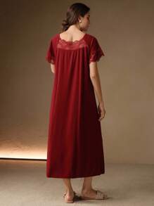 Anewsta Women's Ruffle Lace Loose Nightgown, Simple & Fashionable For Everyday Casual Wear - Burgundy - View 3