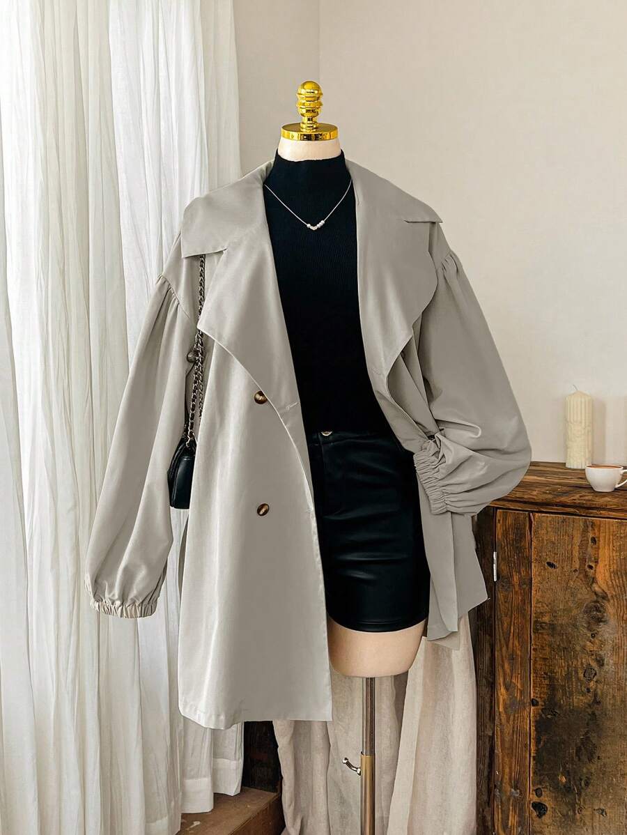Comfortcana Plus Size Solid Color Turndown Collar Button Tie Belt Casual Minimalist Trench Coat,Fall Clothes For Women Winter Autumn