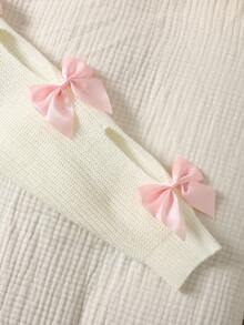 SHEIN 青少年女孩休闲圆领长袖镂空蝴蝶结针织毛衣，秋冬 - 白色 - 查看 6