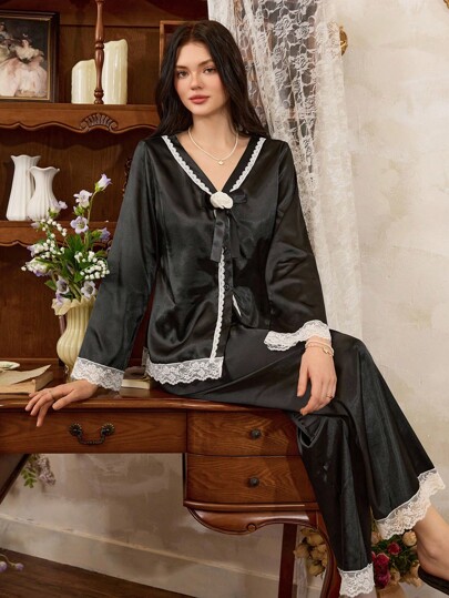  Côtesoire Elegant French Lace Trim Contrast Color Bow Decor Front Top & Pants Set For Women Black Satin Pajama Set Lace Pajama Set Satin Sleepwear Set Black Satin Pj Set Sleepwear Women Satin, Fall Clothes