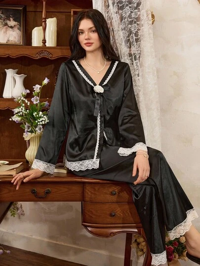  Côtesoire Elegant French Lace Trim Contrast Color Bow Decor Front Top & Pants Set For Women Black Satin Pajama Set Lace Pajama Set Satin Sleepwear Set Black Satin Pj Set Sleepwear Women Satin, Fall Clothes