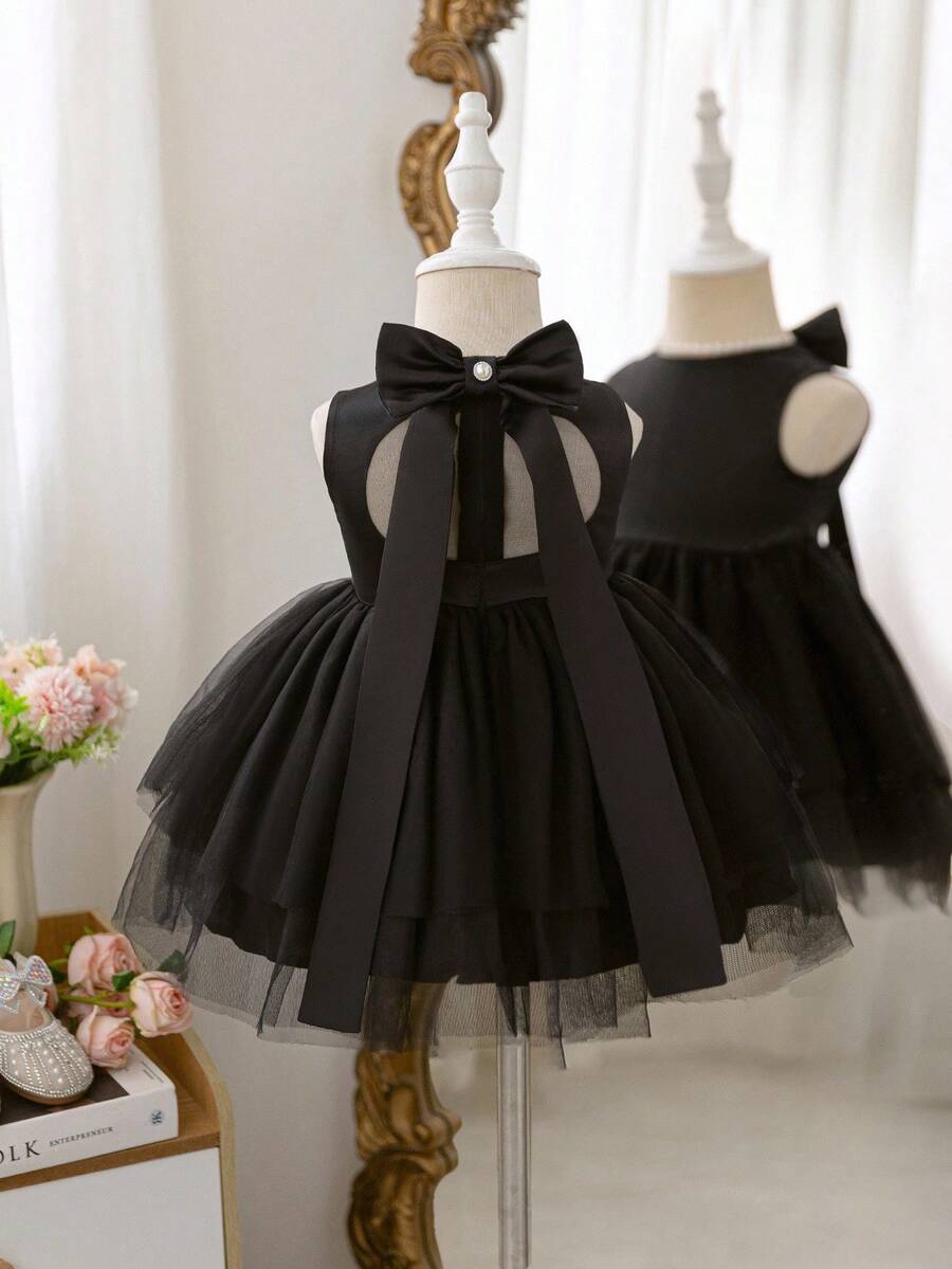 SHEIN Babygirl 优雅可爱的黑色缎面网眼无袖连衣裙