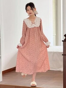 Tween 女童碎花 V 领长袖宽松休闲睡袍，度假休闲碎花长袖连衣裙 - 粉色 - 查看 3