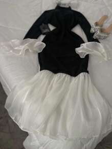 INAWLY فستان أنيق للحفلات للنساء بأكمام واسعة وذيل سمكة ملون - أبيض وأسود - مشاهدة 3